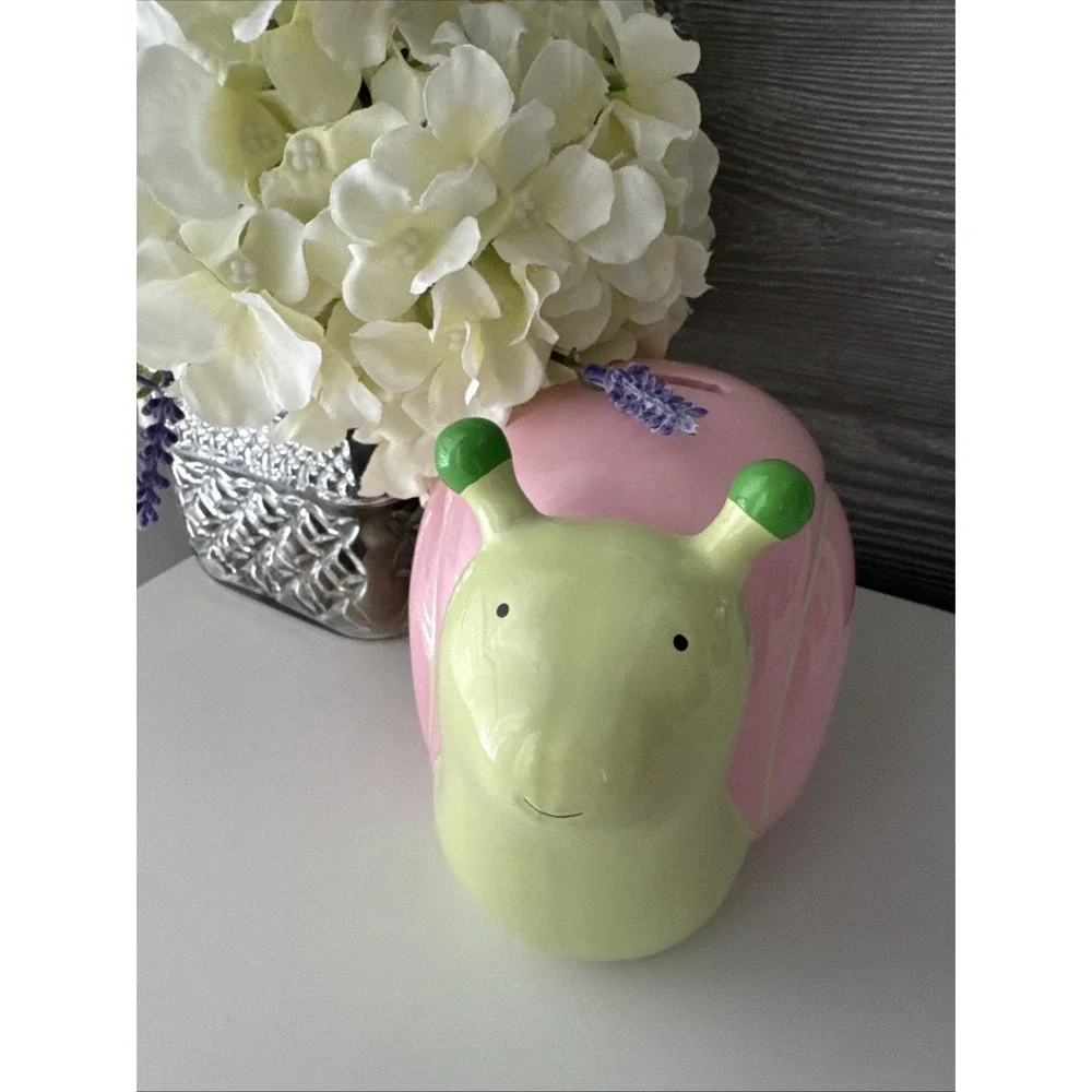 Whimsical Ceramic Snail Piggy Bank Pink & Green Nursery Decor Coin Bank 6
